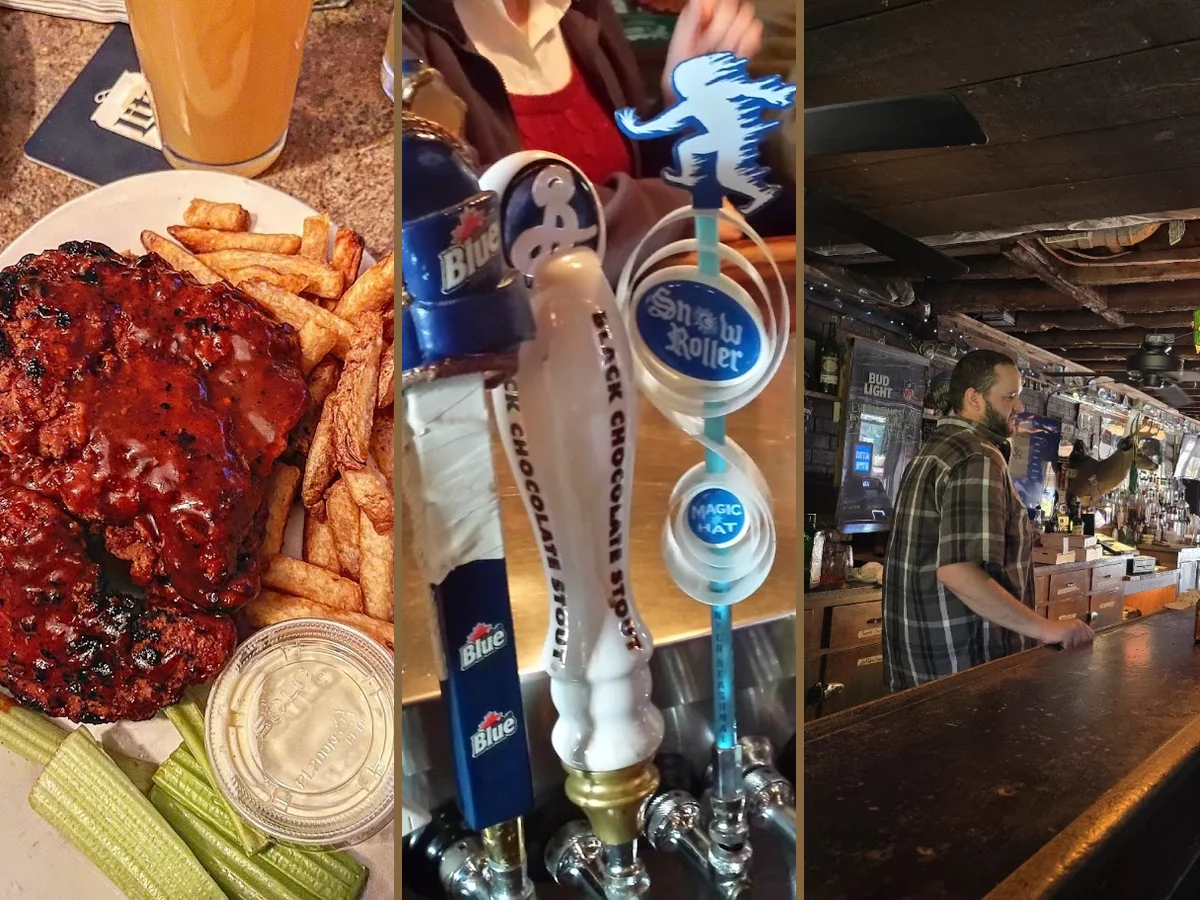 Comfort food plates beside drinks on a table.