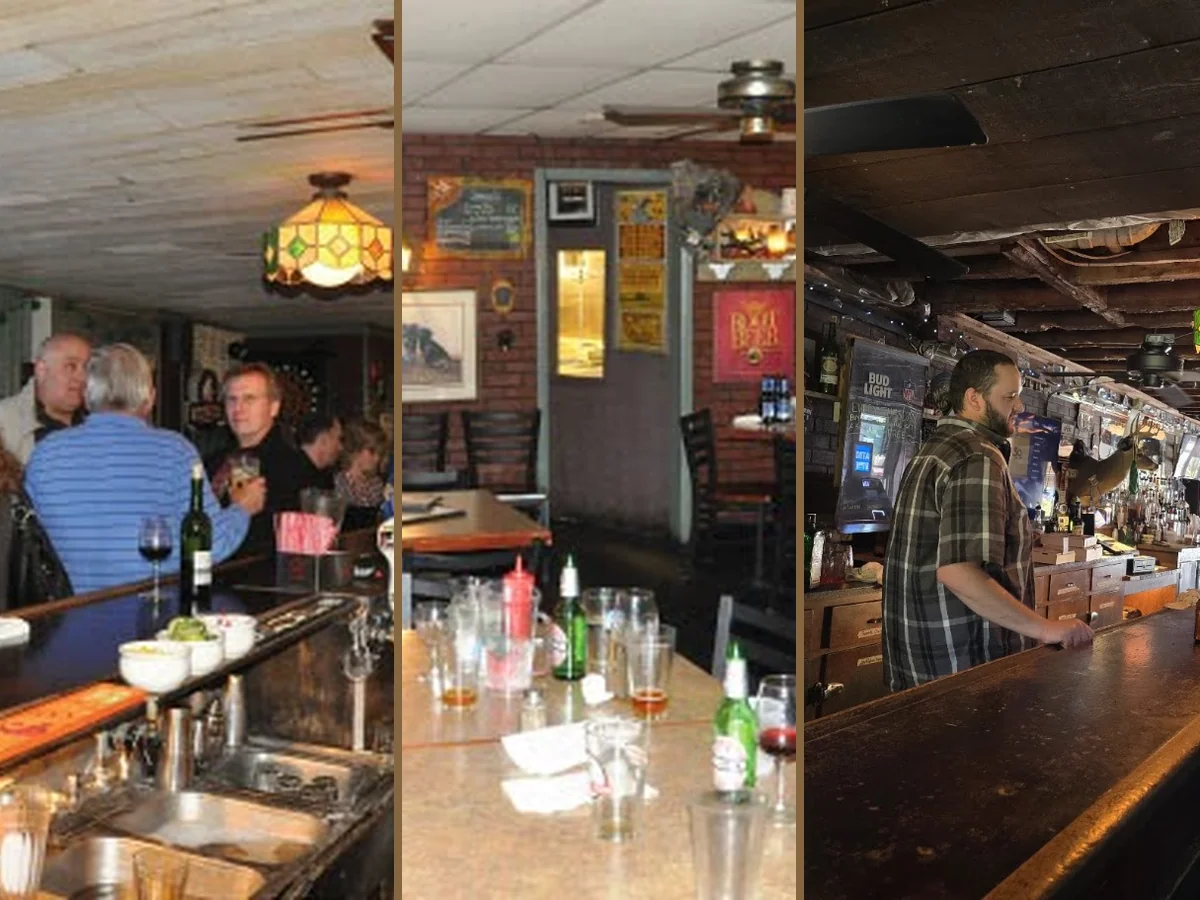 Casual bar seating with tables and warm lighting.